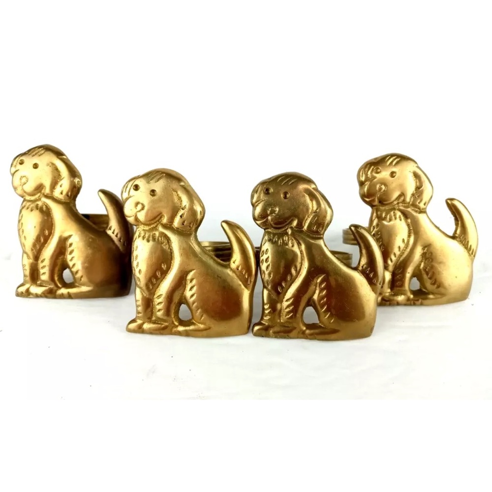 Vintage Brass Puppy Dogs Shape Gold Napkin Rings By KAY DEE X 4 BRAND NEW